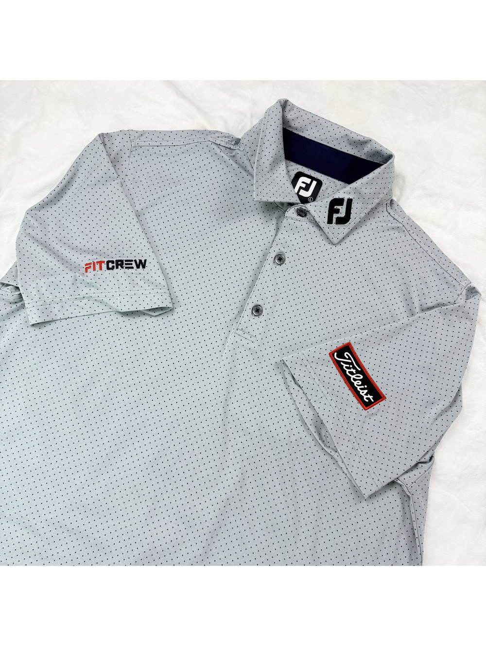 FootJoy Titleist FITCREW Mens L Gray Navy Dot ProDry Golf Polo FJ Tour Staff